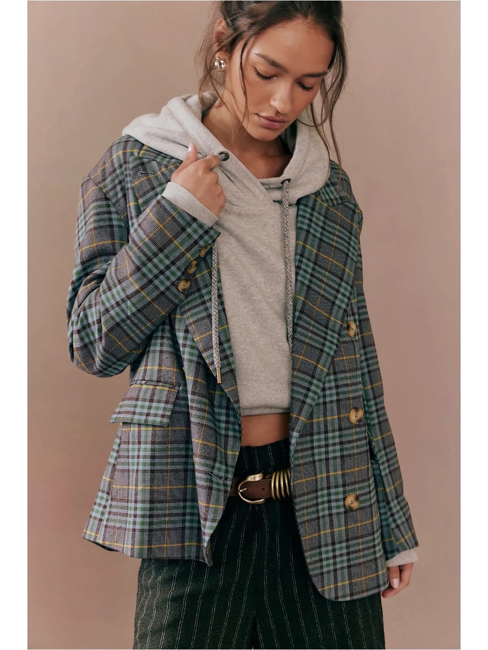 Free People Preppy Dark Academia Dean Double Breasted Blazer Oliver Plaid Small - Picture 4 of 16